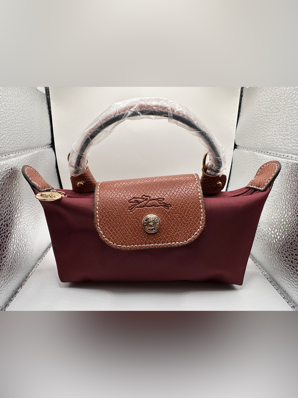 Longchamp Burgundy Crossbody with Brown Leather Flap and Handle